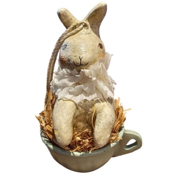 Nicol Sayre Easter Bunny Rabbit in Tea Cup Ornament Holiday Figure White RARE 4" - Picture 1 of 11